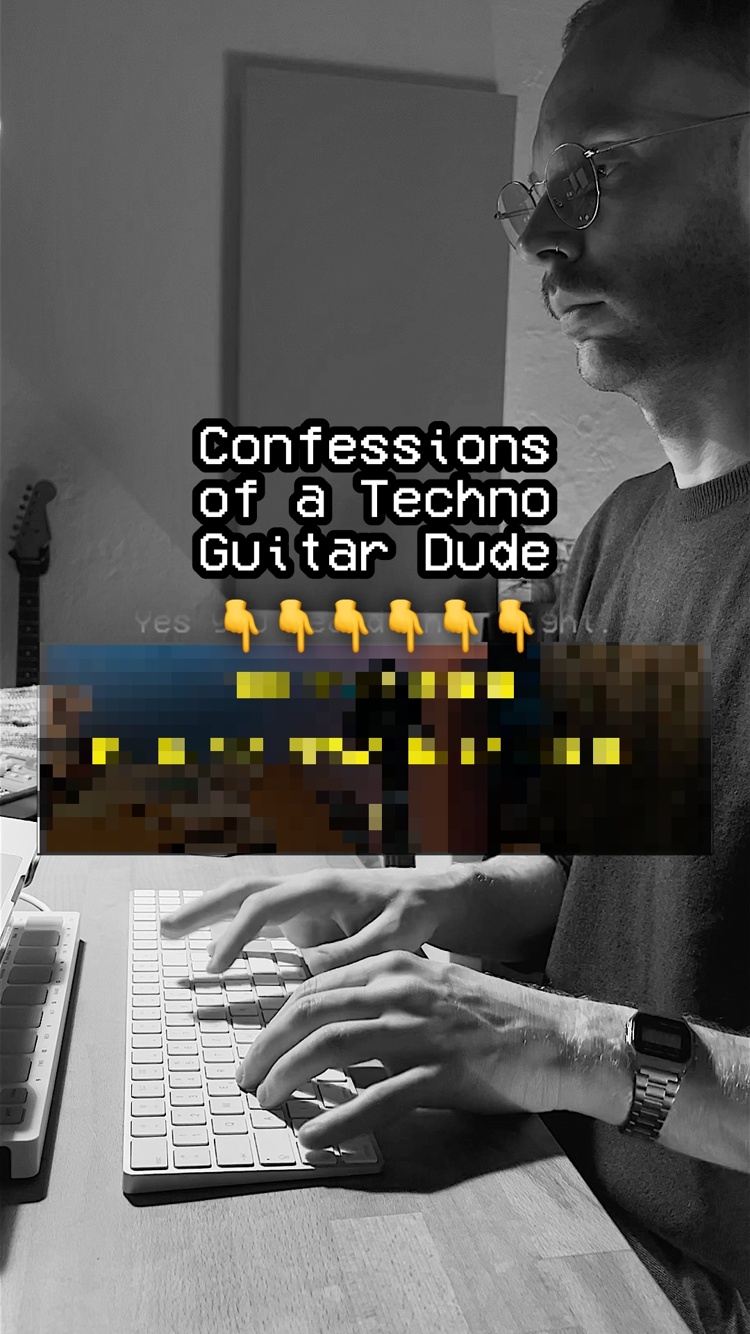 Mxmx typing a text. The title is "Confessions of a Techno Guitar Dude."